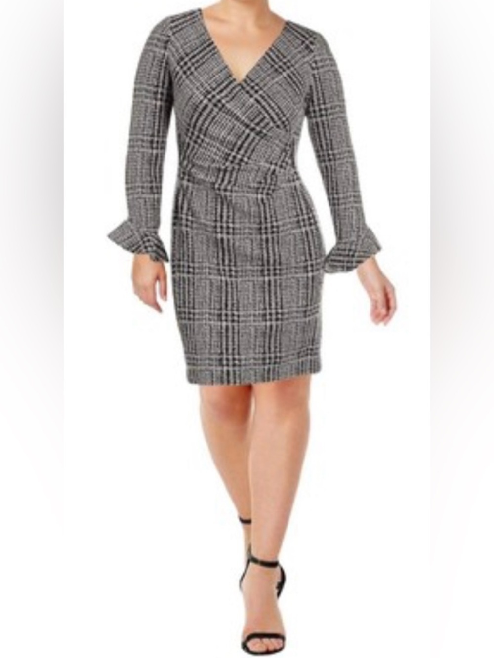 Ralph Lauren Black and White Plaid Wrap-Style Long Sleeve Dress